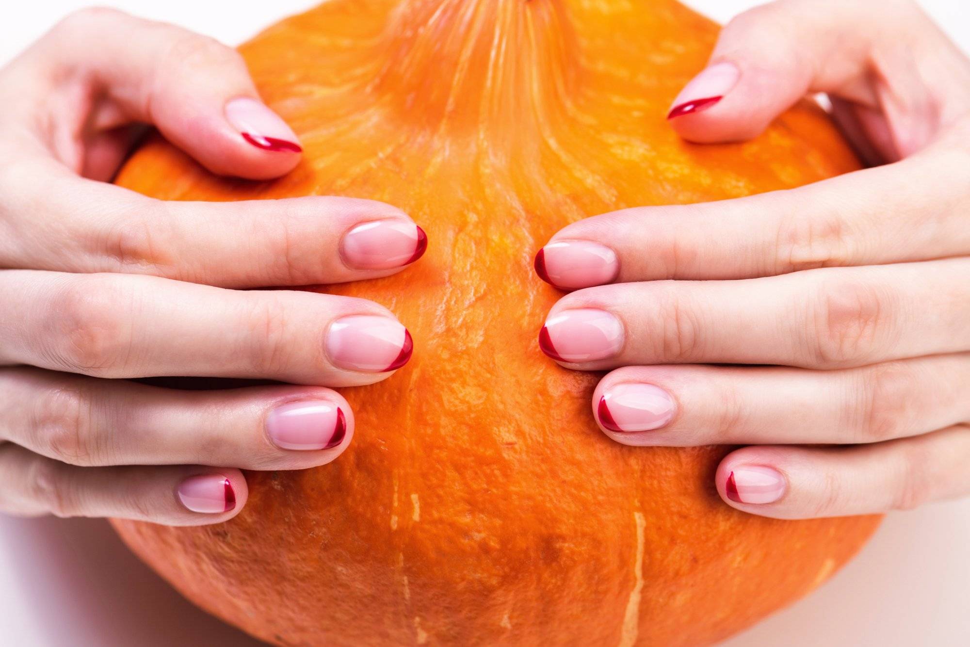 Female hands with a trendy autumn french manicure with red tips Female hands with a trendy autumn french manicure with red tips
