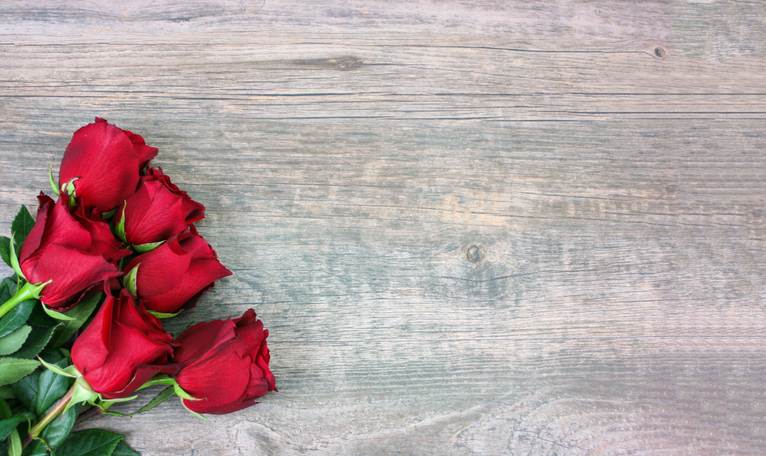 Valentine's Day Red Roses Over Wood Background